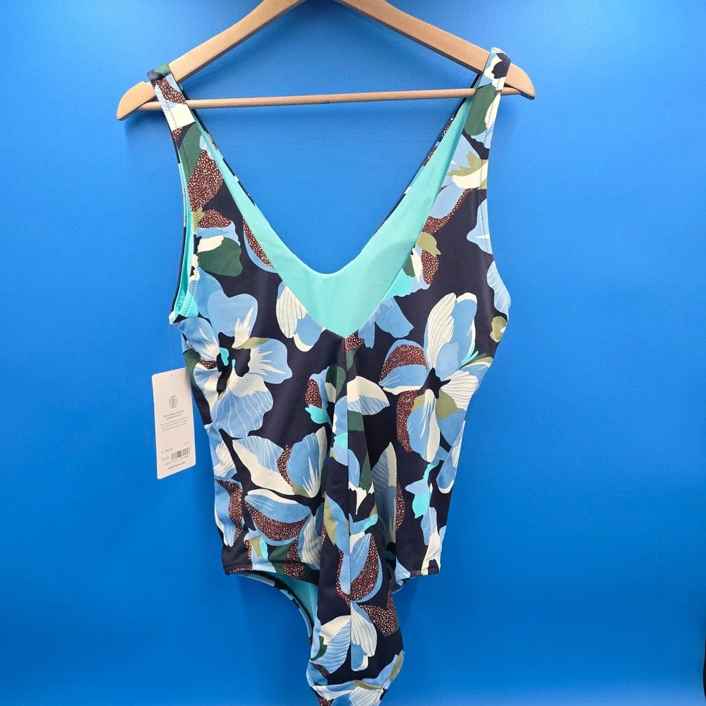 Athleta‎ Seychelles One Piece Swimsuit Floral Navy Blue Tall Large NWT 986170